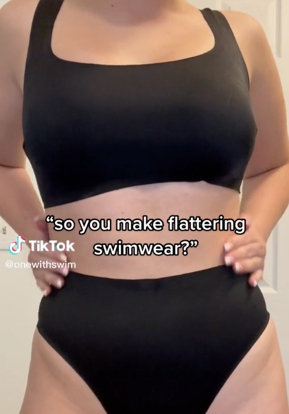 Front view of black high-waisted bikini set on model showing square-neck crop top and high-rise bottoms with overlaid text ‘so you make flattering swimwear?’