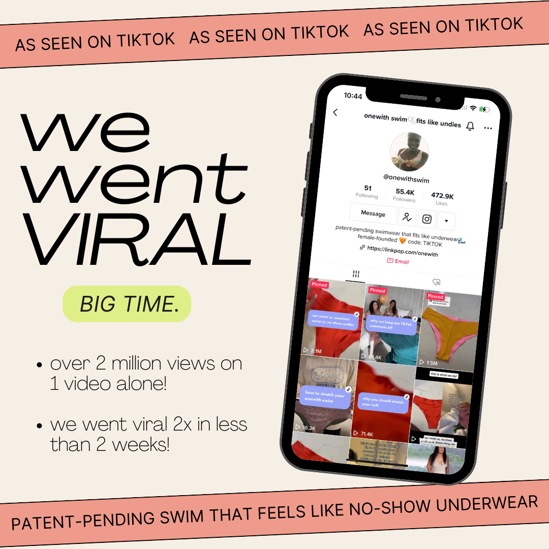 Promotional graphic with headline ‘we went VIRAL’, onewith swim TikTok profile screenshot showing over 2 million views and patent-pending no-show underwear