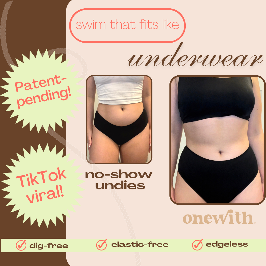 Banner with headline 'swim that fits like underwear', two photos of black high‑waist no‑show swim bottoms, and 'Patent‑pending' callout