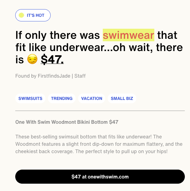 Screenshot showing Firstfinds headline If only there was swimwear that fit like underwear...oh wait, there is and a beige Woodmont bikini bottom