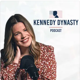 Woman smiling into a podcast microphone with 'KENNEDY DYNASTY PODCAST' logo.
