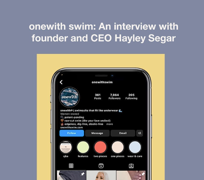 Phone showing Instagram profile and headline: onewith swim: An interview with founder and CEO Hayley Segar