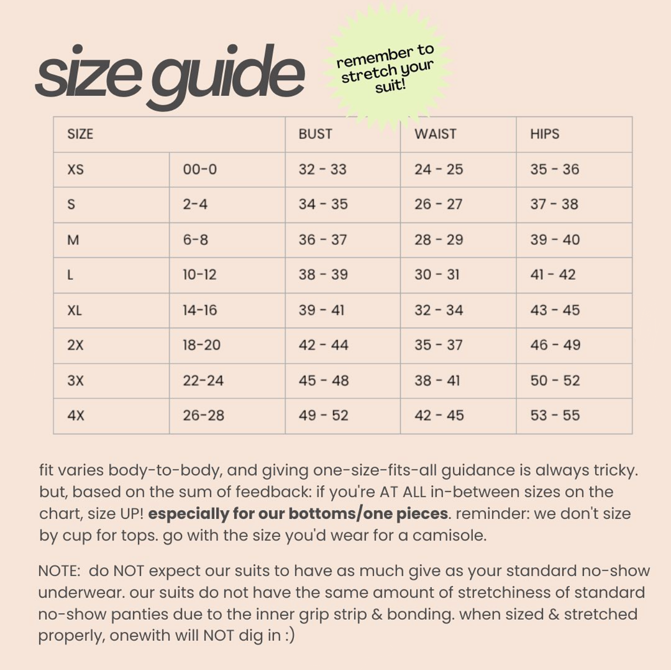 Table showing OneWith size guide with bust, waist, and hips measurements for sizes XS (00-0) to 4X (26-28) and a note to size up if between sizes
