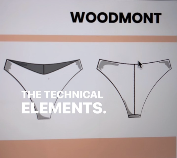 WOODMONT logo above two bikini-bottom technical drawings and caption THE TECHNICAL ELEMENTS.