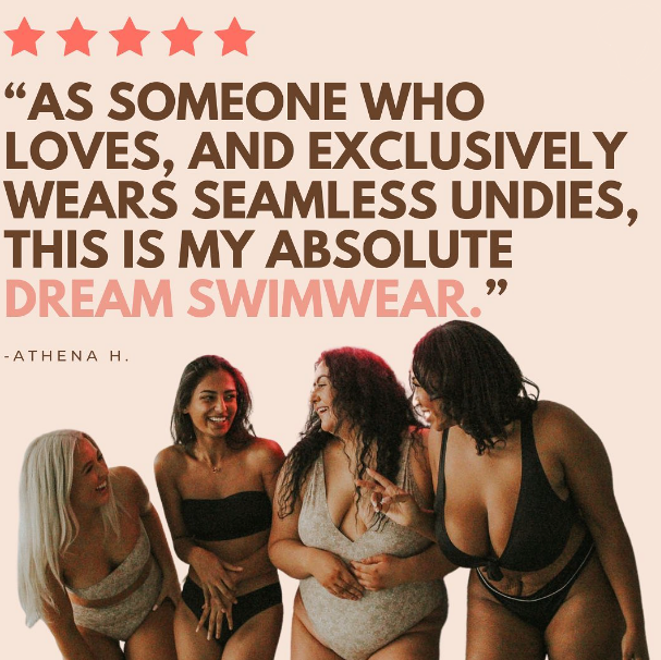 Promotional banner showing testimonial This is my dream swimwear, five-star rating, four women modeling onewith swim