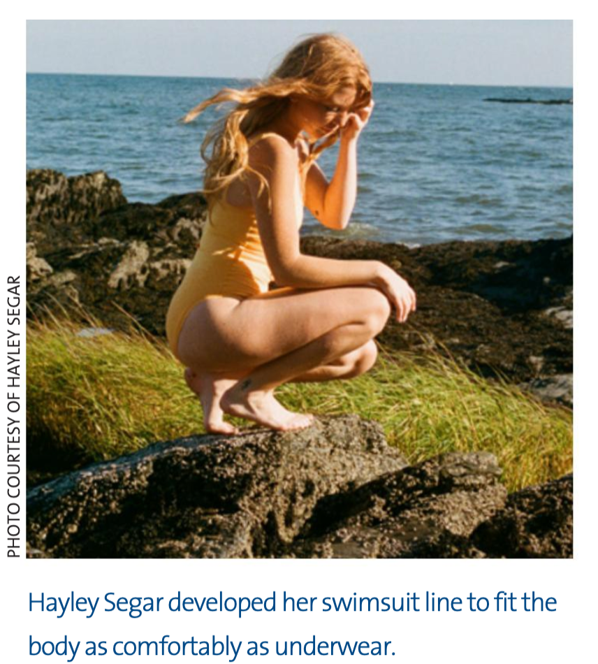 Article excerpt showing a woman in a yellow swimsuit and headline about swimwear fitting as comfortably as underwear