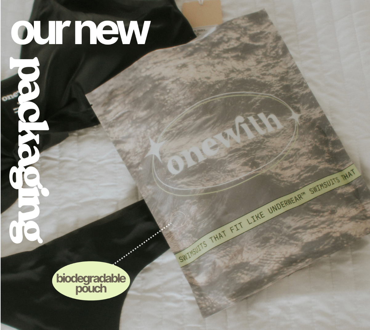 onewith bag labeled 'SWIMSUITS THAT FIT LIKE UNDERWEAR', biodegradable pouch, with 'our new packaging' text