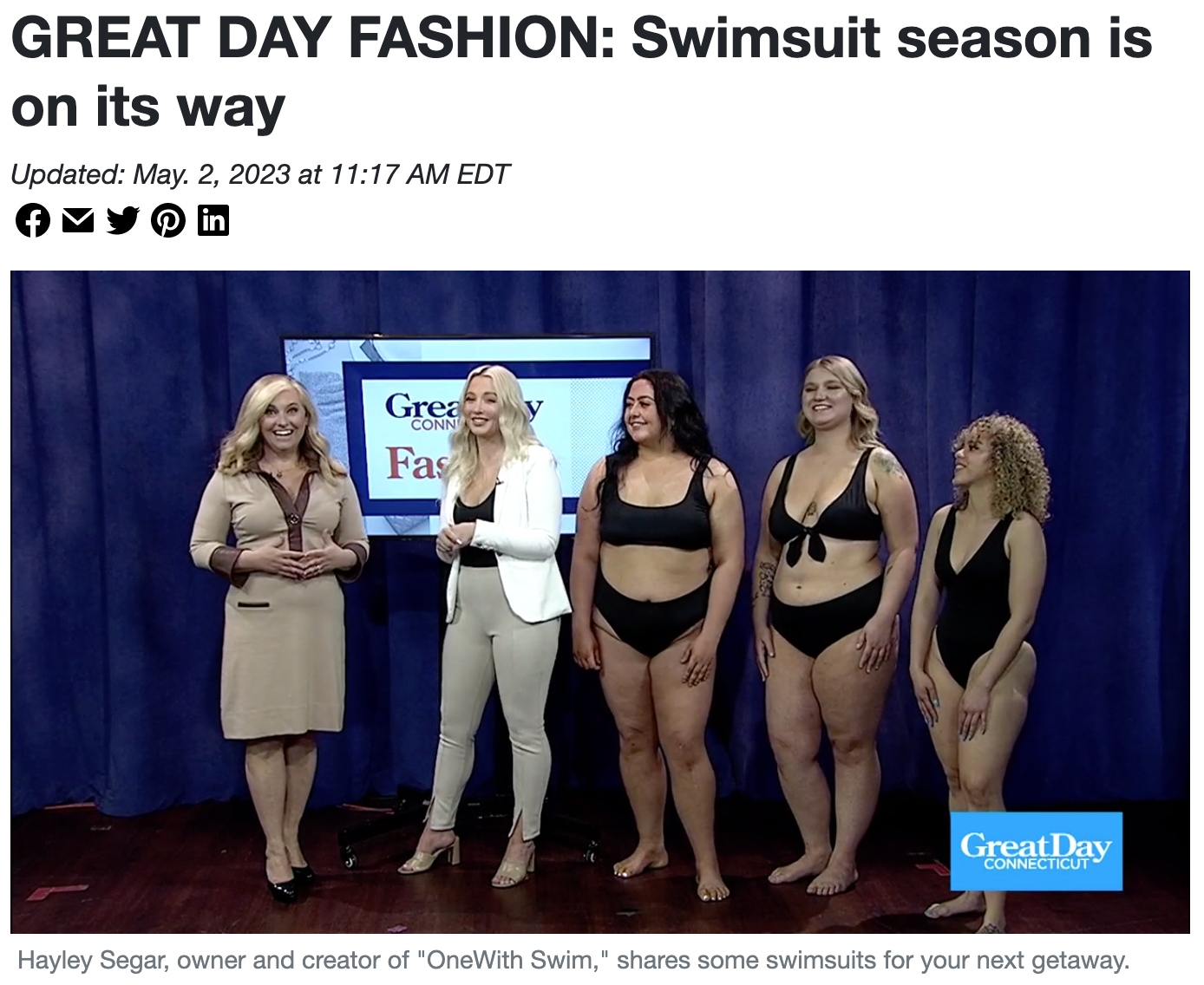 Founder Hayley Segar and a TV host with three models wearing black onewith swimsuits on Great Day Connecticut