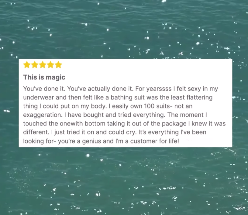 Five-star customer review card with headline 'This is magic' praising the onewith swim bottom