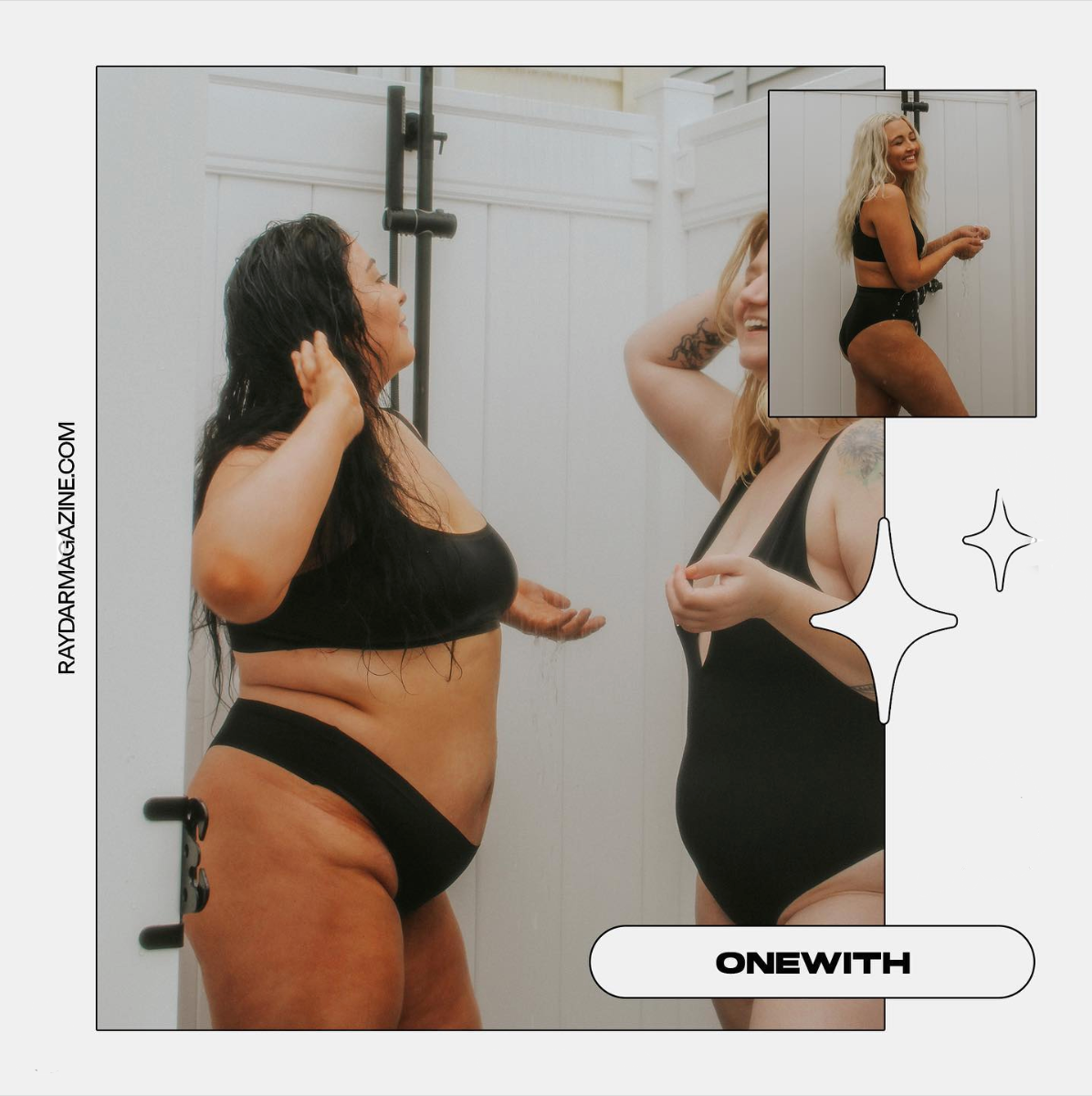 Two women in black swimwear laughing in a changing room; inset model photo; ONEWITH label; RAYDARMAGAZINE.COM