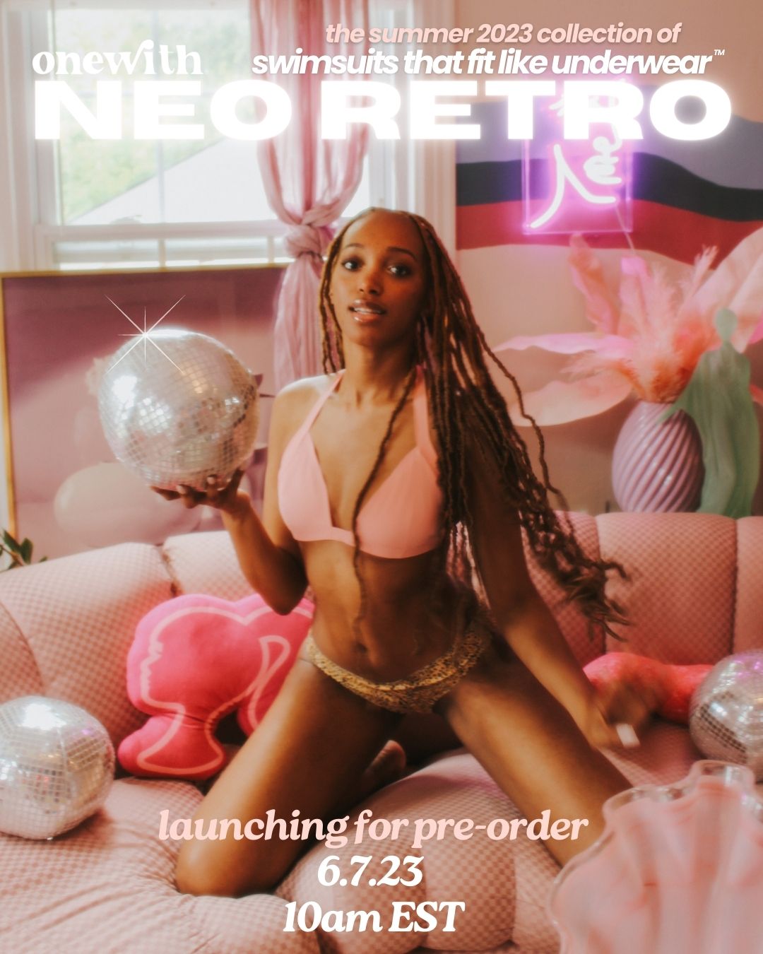Model in pink bikini and leopard bottoms on pink sofa; overlay reads ‘onewith NEO RETRO — swimsuits that fit like underwear’