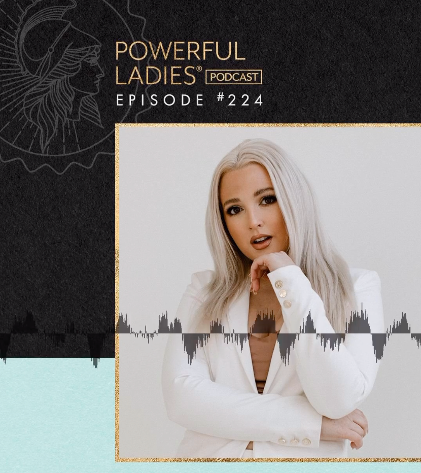 Podcast graphic for Powerful Ladies Podcast Episode #224 showing onewith founder Hayley in a white blazer with audio waveform overlay