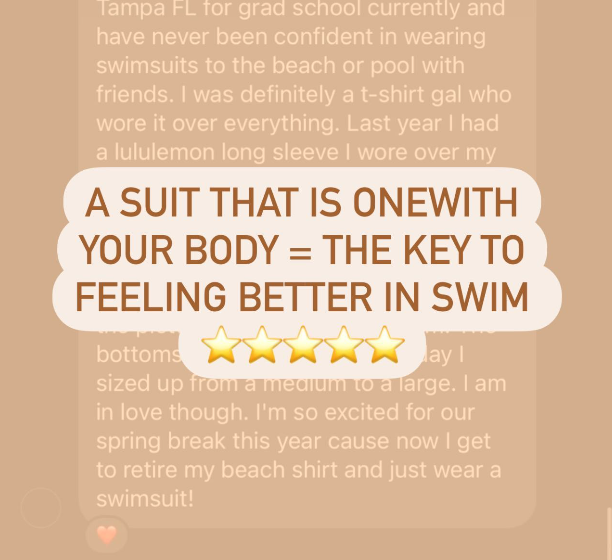 Orange circular badge reading A SUIT THAT IS ONEWITH YOUR BODY = THE KEY TO FEELING BETTER IN SWIM
