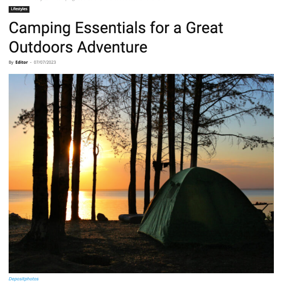 Screenshot of article titled Camping Essentials for a Great Outdoors Adventure with a tent beside a lake at sunset