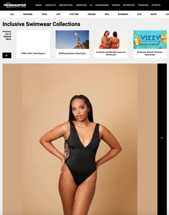 Screenshot of TrendHunter article titled Inclusive Swimwear Collections featuring a model in a black one-piece swimsuit
