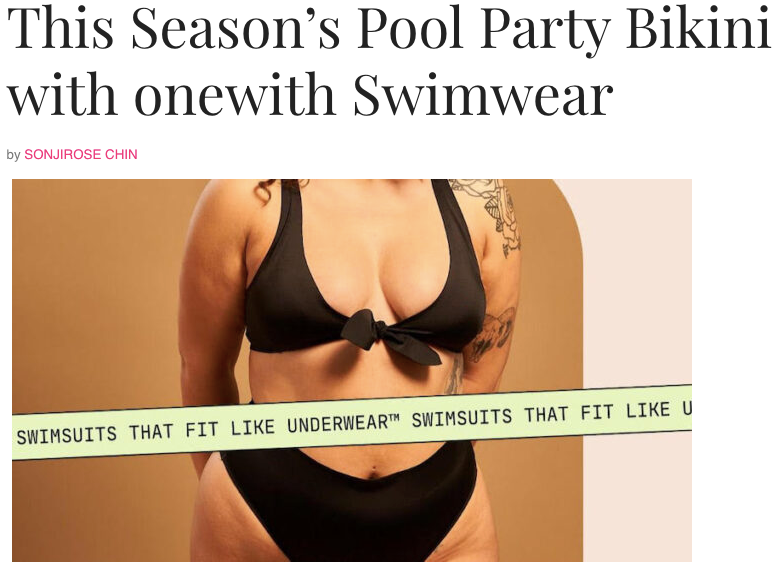 Torso of a model in a black two-piece swimsuit with green band reading "SWIMSUITS THAT FIT LIKE UNDERWEAR" across the waist.