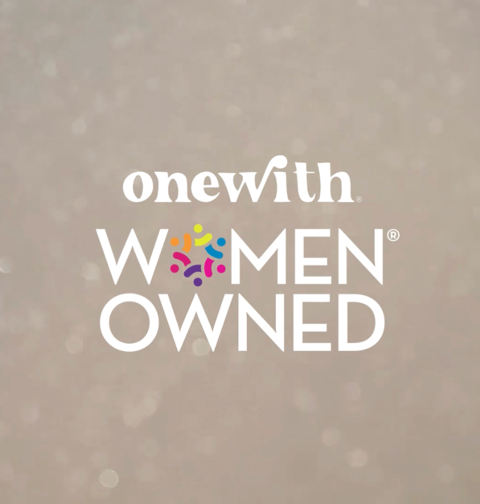 onewith. WOMEN OWNED ® logo with multicolor starburst on beige background