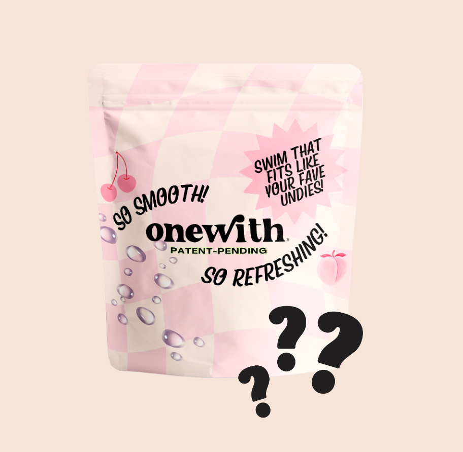 Front view of onewith mystery pouch with logo and starburst 'SWIM THAT FITS LIKE YOUR FAVE UNDIES!' on pink checkerboard