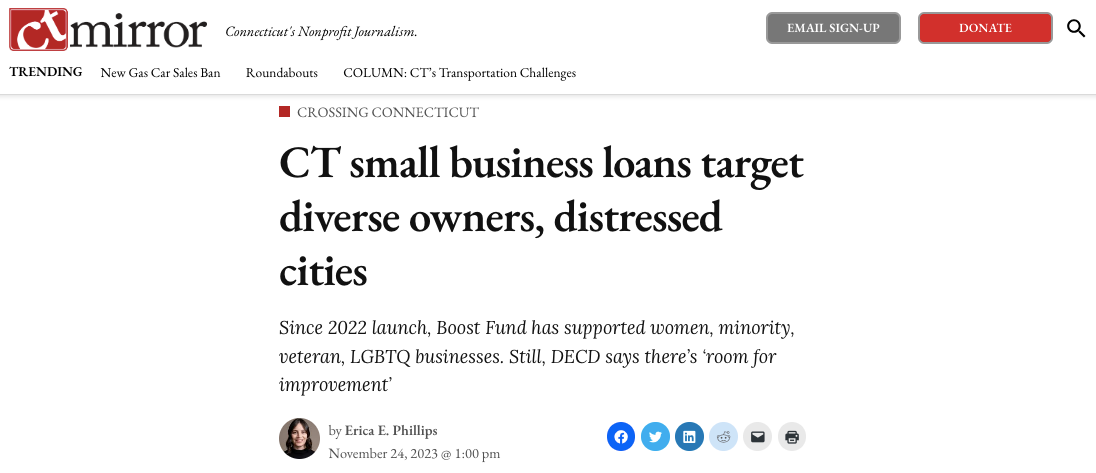Screenshot showing CT Mirror article headline ‘CT small business loans target diverse owners, distressed cities’