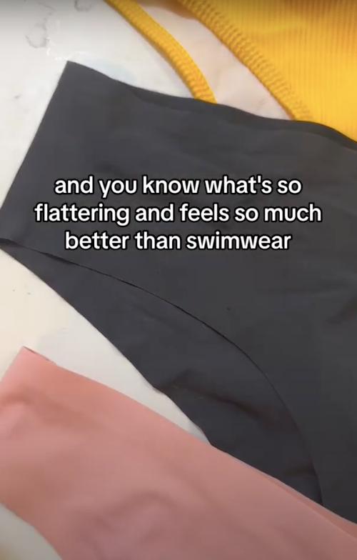 Bikini bottoms (yellow, black, pink); overlay text: and you know what's so flattering and feels so much better than swimwear