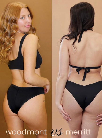 Two women modeling black seamless bikinis, front and back views; 'woodmont' and 'merritt' visible at bottom.