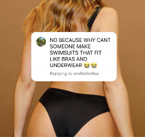 Woman wearing high-waist smooth beige bikini bottoms showing an edgeless, no-dig fit at the hips