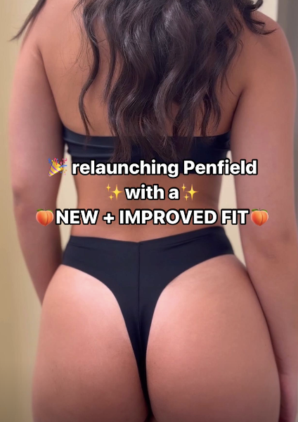 Back view of Penfield No-Show Thong Bikini Bottom in black on model; overlay: relaunching Penfield with a new and improved fit