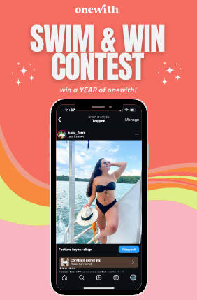 Swim and Win contest banner - win a year of onewith; phone mockup shows a social post of someone wearing an onewith swimsuit