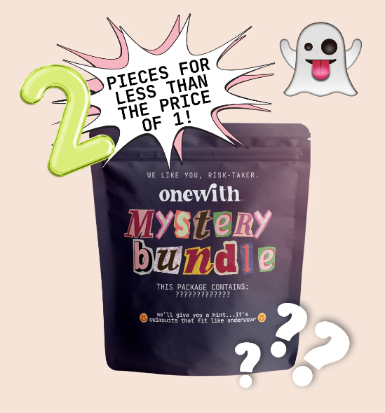 Pouch labeled 'onewith MYSTERY bundle' and speech bubble reading '2 PIECES FOR LESS THAN THE PRICE OF 1' with decorative ???