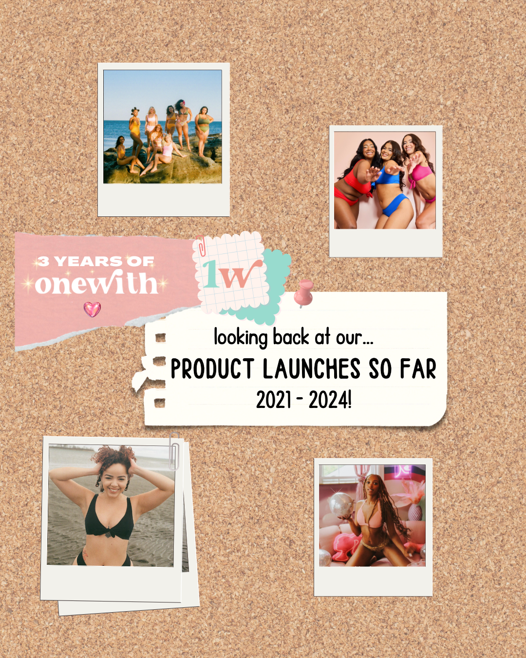 Collage graphic showing PRODUCT LAUNCHES SO FAR 2021–2024 and 3 YEARS OF onewith with polaroid photos of models in swimsuits