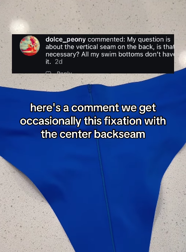 Swimsuit back center back seam; text: here's a comment we get occasionally this fixation with the center backseam