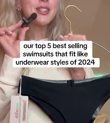 Person holding black cheeky bikini bottom on hanger with overlay Top 5 swimsuits that fit like underwear 2024