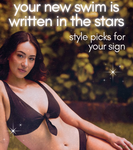 Reclining woman in black tie-front bikini in sunlit garden, overlay text Your new swim is written in the stars