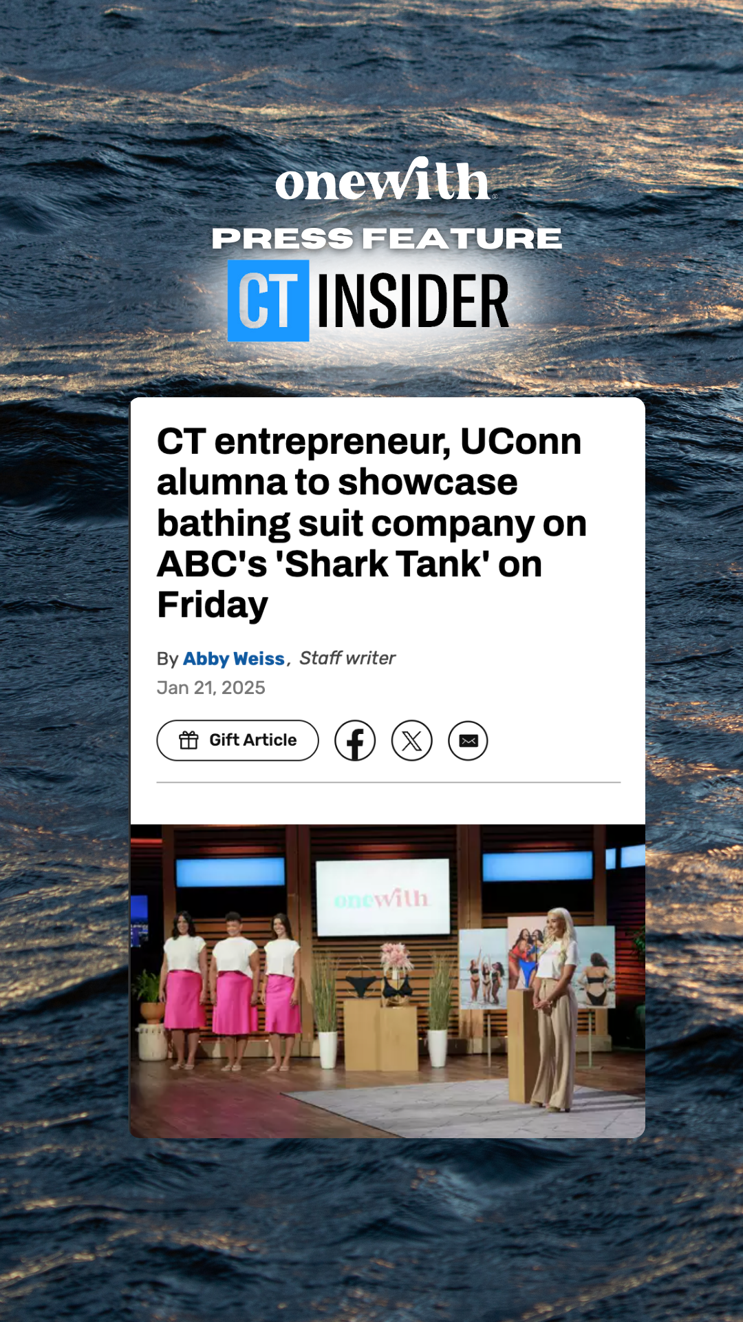 Article screenshot showing CT Insider feature about onewith founder pitching swimsuits on ABC’s ‘Shark Tank’