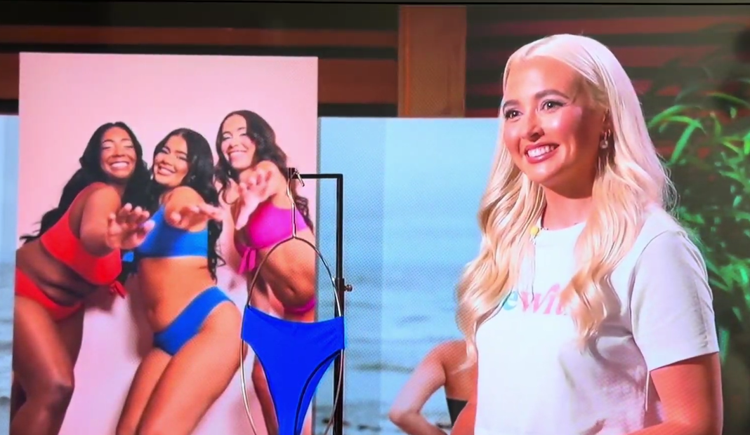 Onewith founder Hayley smiling on Shark Tank beside a photo of three models in colorful bikinis and a blue bikini bottom