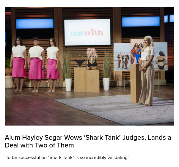 Hayley Segar presents on the Shark Tank set beside three models wearing pink skirts and white tops, with onewith branding