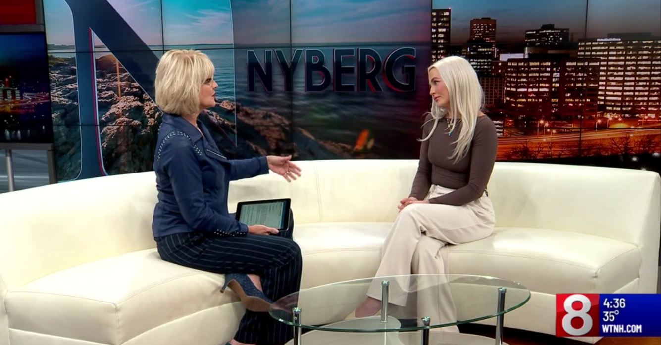 TV interview on NYBERG set: Host and Hayley Segar seated on white couch; lower corner displays 8 4:36 35° WTNH.COM