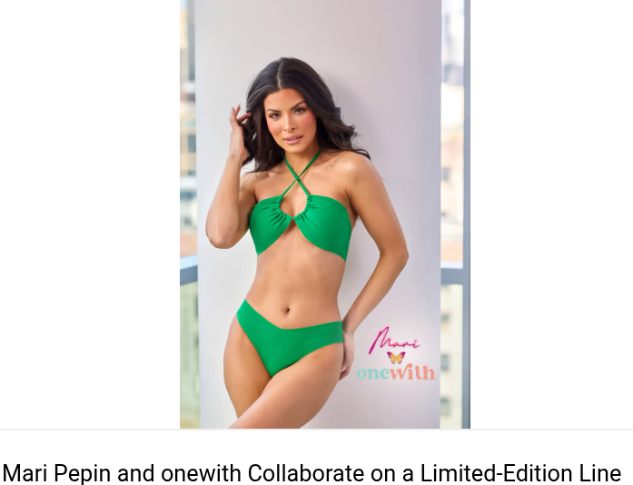 Model posing in a green two-piece swimsuit with a flattering fit on a balcony, onewith logo visible