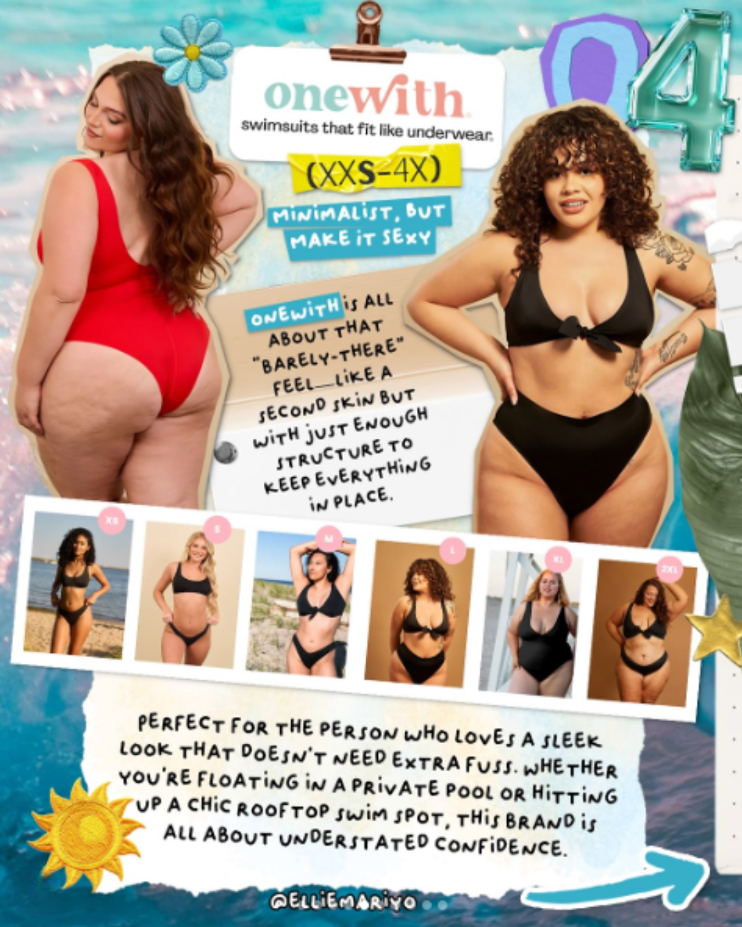 Promotional collage showing onewith logo, models wearing plus-size swimsuits in sizes XXS–4X and headline swimsuits that fit like underwear