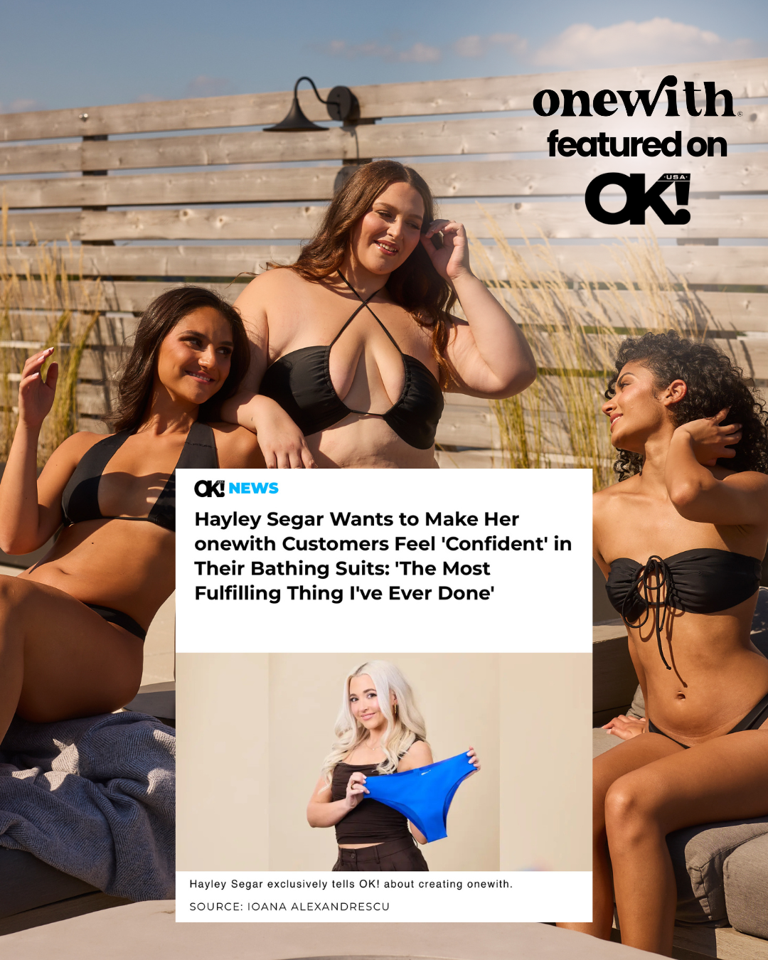 Three women modeling black seamless swimsuits outdoors; onewith logo and OK! article card mentioning Hayley Segar.