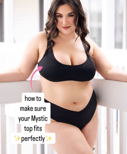 Plus-size model wearing black Mystic bikini top and bottoms leaning on railing, overlay reads fitting tips for Mystic top