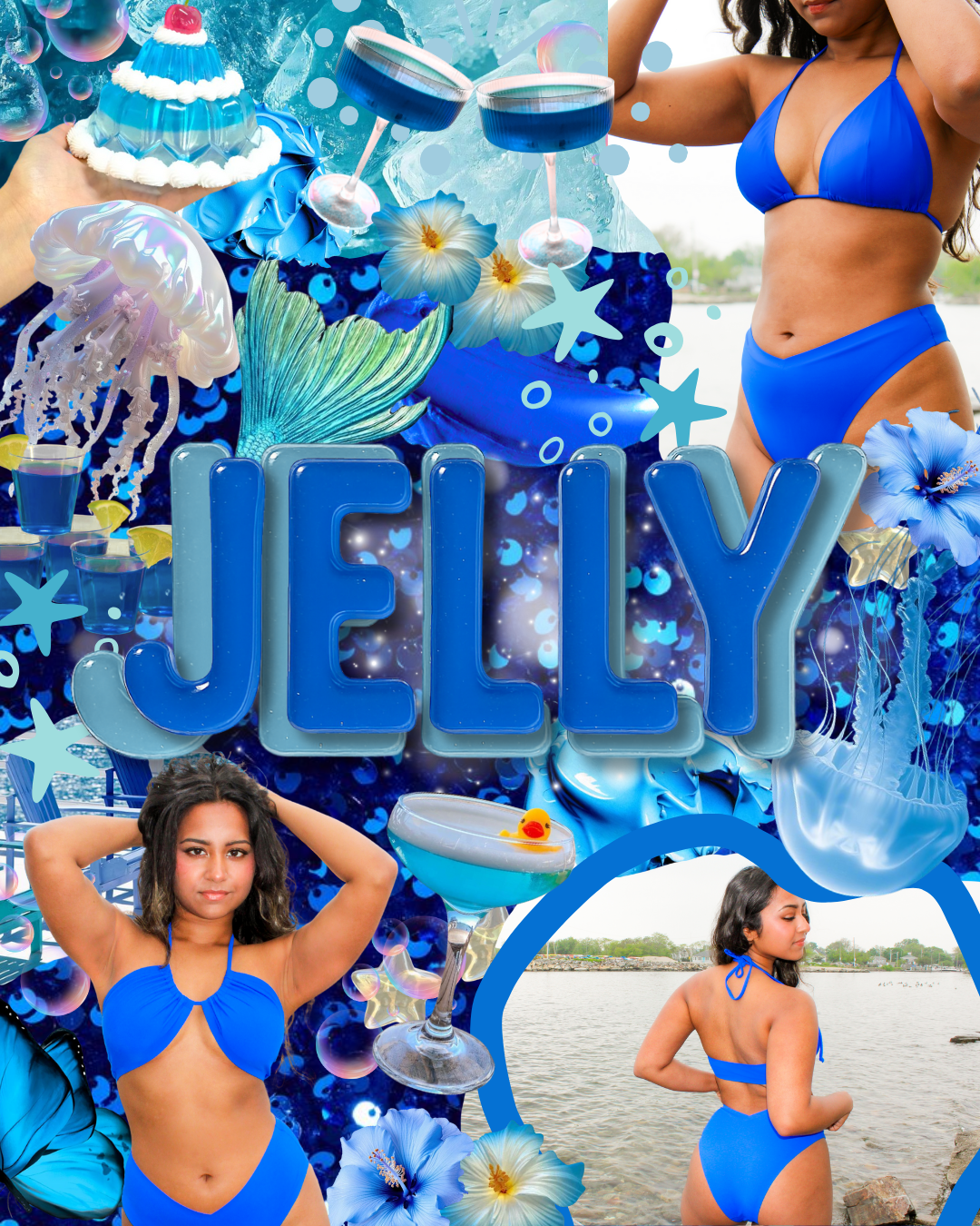 Collage of a model in a blue high-hip bikini by the water with large 3D text reading JELLY