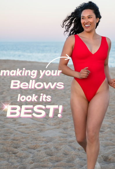 Woman in red one-piece swimsuit on a sandy beach; overlaid words: making your Bellows look its BEST!