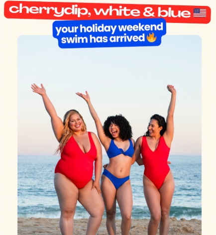 Four women in colorful swimsuits on a beach celebrating; text: 'your holiday wardrobe team has arrived'.