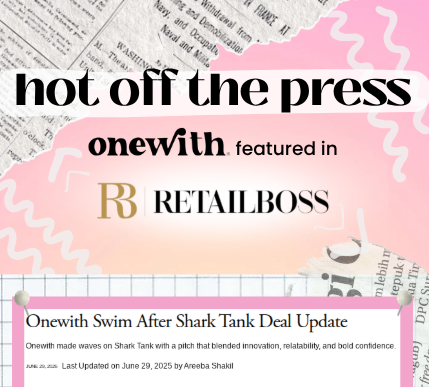 Promotional banner reading ‘hot off the press’ with onewith featured in RETAILBOSS on a pink patterned background