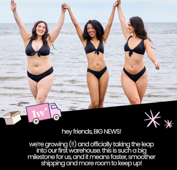 Three women in black bikinis holding hands on a beach; overlay reads: 'hey friends, BIG NEWS! we're growing!' 1w
