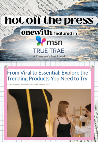 Promotional banner showing hot off the press announcing onewith featured on MSN True Trae with inset photo of a mannequin and a woman being fitted