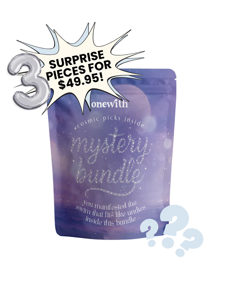 Purple pouch labeled 'Mystery bundle' with 'onewith' logo and 'cosmic picks inside'; starburst reads 'SURPRISE PIECES FOR $49.95'.