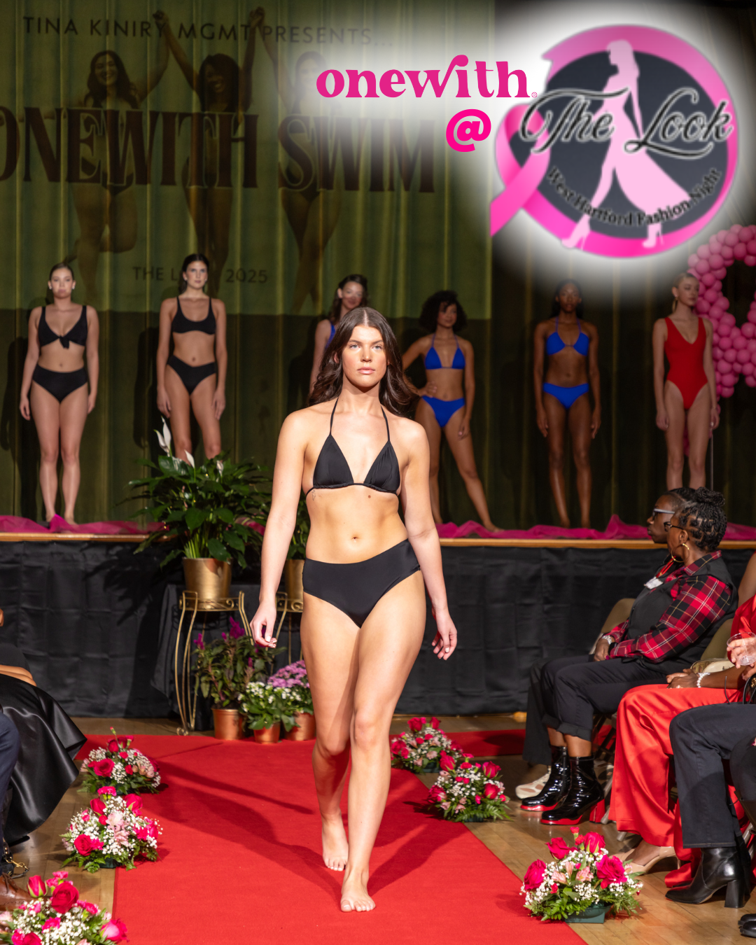 Model in black bikini walking runway; backdrop reads ONEWITH SWIM and logo onewith @ The Look