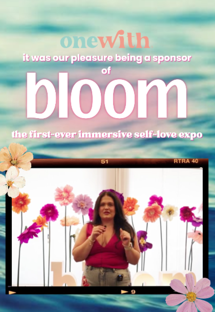 Cover with 'onewith' logo and 'bloom' headline, floral border and three models wearing swimwear